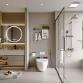 Modern Bathroom Interior Design With Round Mirror Vanity Glass Shower And Potted Plant