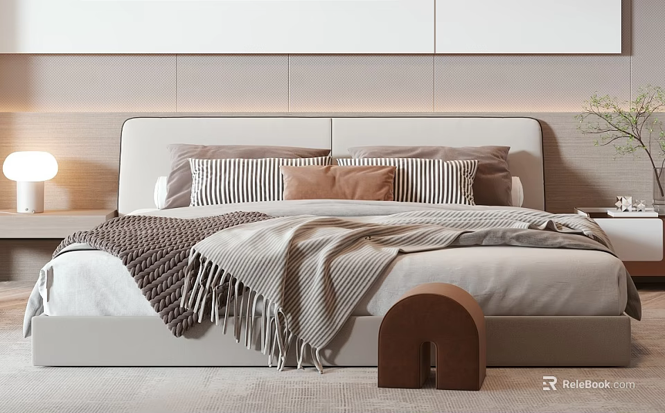 Modern Bedroom Interior Double Bed With Minimalist Headboard Striped Pillows Brown Cushions And Cozy Blanket 3d model 