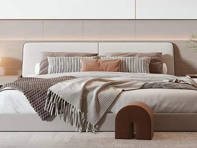 Modern Bedroom Interior Double Bed With Minimalist Headboard Striped Pillows Brown Cushions And Cozy Blanket 3d model