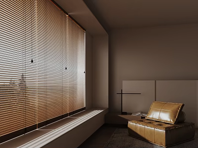 Modern Minimalist Interior Design With Brown Wooden Blinds On Window And Leather Sofa 3d model
