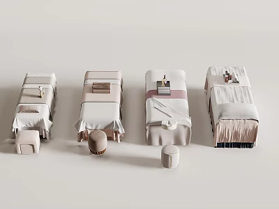 Four Stylish Beds With Soft Tones Bedding And Matching Stools In Modern Design 3d model