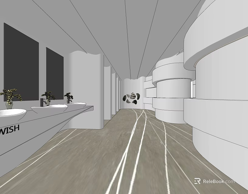 Modern Public Restroom Interior With Washbasins Mirrors And Green Plants Design 3d model 