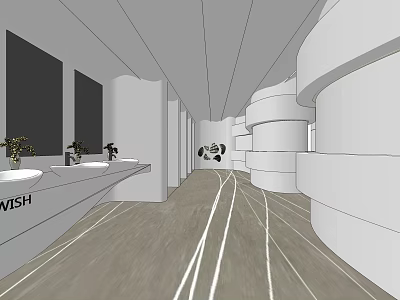 Modern Public Restroom Interior With Washbasins Mirrors And Green Plants Design 3d model
