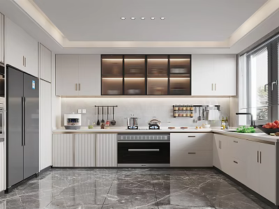 Modern Kitchen With White Cabinets Glass Door Upper Cabinets Appliances Bright Window And Marble Flooring 3d model