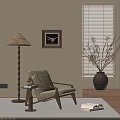 Cozy Leisure Chair With Patterned Fabric Wooden Frame Side Table Floor Lamp And Wall Art