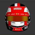 Red And White Race Car Helmet With Sponsor Logos And Reflective Visor