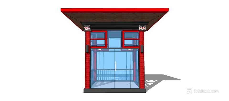 Red Entrance Booth Structure With Glass Door And Wooden Canopy Design 3d model 