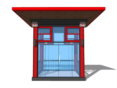 Red Entrance Booth Structure With Glass Door And Wooden Canopy Design 3d model