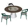 Elegant Modern Round Dining Table Set With Green Upholstered Armchairs And Marble Top