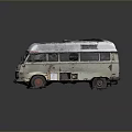 Aged White Vintage Van With Rusty Body Worn Exterior And Orange Wheels