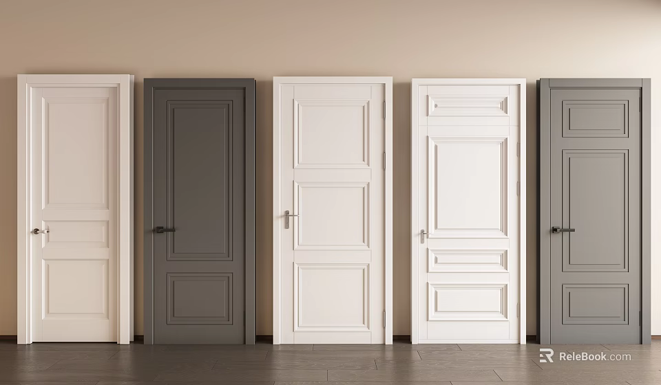 Showcasing Various Hinged Interior Doors with Different Colors and Panel Designs 3d model 