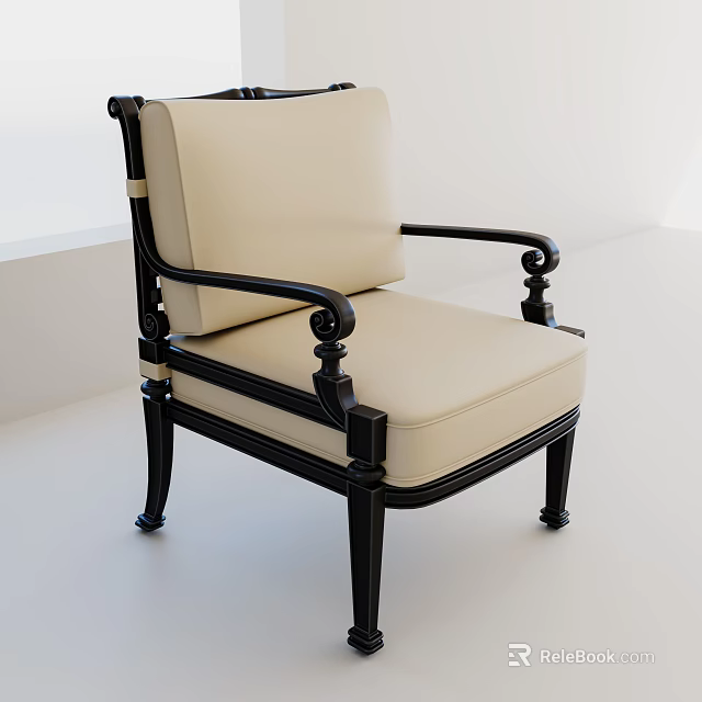 Classic Elegant Armchair With Black Wooden Frame And Beige Cushion With Carved Legs 3d model 