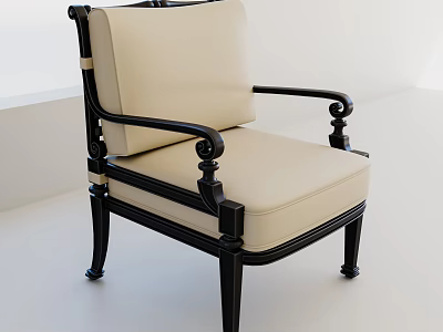 Classic Elegant Armchair With Black Wooden Frame And Beige Cushion With Carved Legs 3d model