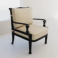 Classic Elegant Armchair With Black Wooden Frame And Beige Cushion With Carved Legs
