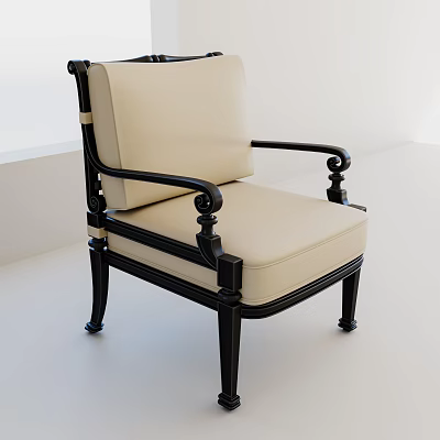 Classic Elegant Armchair With Black Wooden Frame And Beige Cushion With Carved Legs 3d model