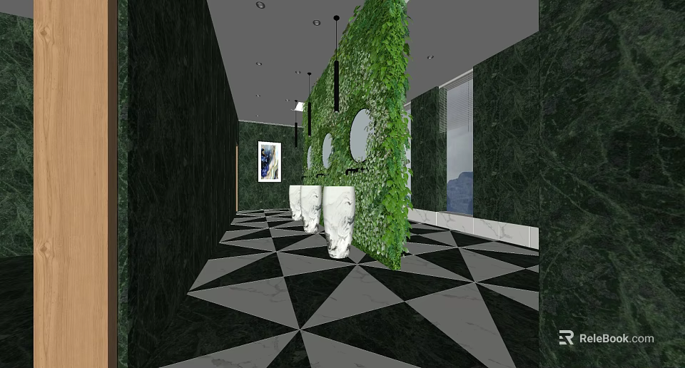 Hotel Bathroom Interior With Green Plant Wall Black White Geometric Floor And White Sinks 3d model 