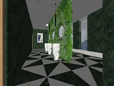 Hotel Bathroom Interior With Green Plant Wall Black White Geometric Floor And White Sinks 3d model