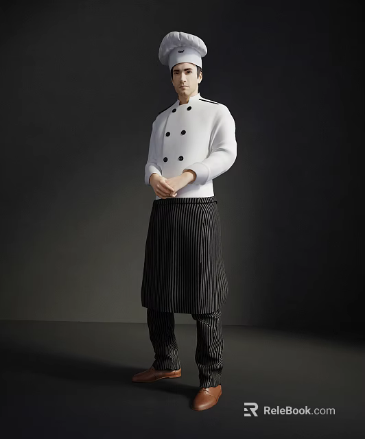 Man In White Chef Jacket With Black Striped Apron Standing On Dark Background 3d model 