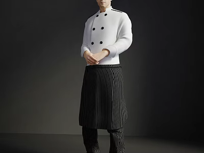 Man In White Chef Jacket With Black Striped Apron Standing On Dark Background 3d model