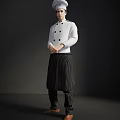 Man In White Chef Jacket With Black Striped Apron Standing On Dark Background 3d model