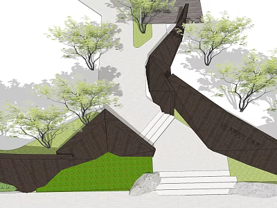Modern Geometric Garden Wall Design With Trees Grass And Stone Steps 3d model