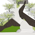 Modern Geometric Garden Wall Design With Trees Grass And Stone Steps