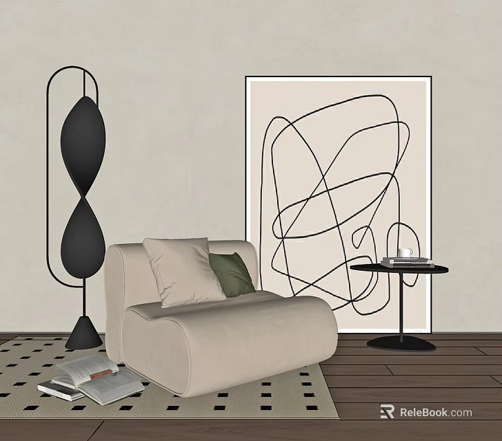 Single Beige Modern Sofa With Abstract Line Art Floor Lamp And Geometric Rug 3d model 