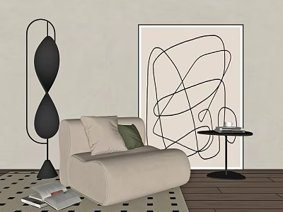 Single Beige Modern Sofa With Abstract Line Art Floor Lamp And Geometric Rug 3d model