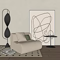 Single Beige Modern Sofa With Abstract Line Art Floor Lamp And Geometric Rug
