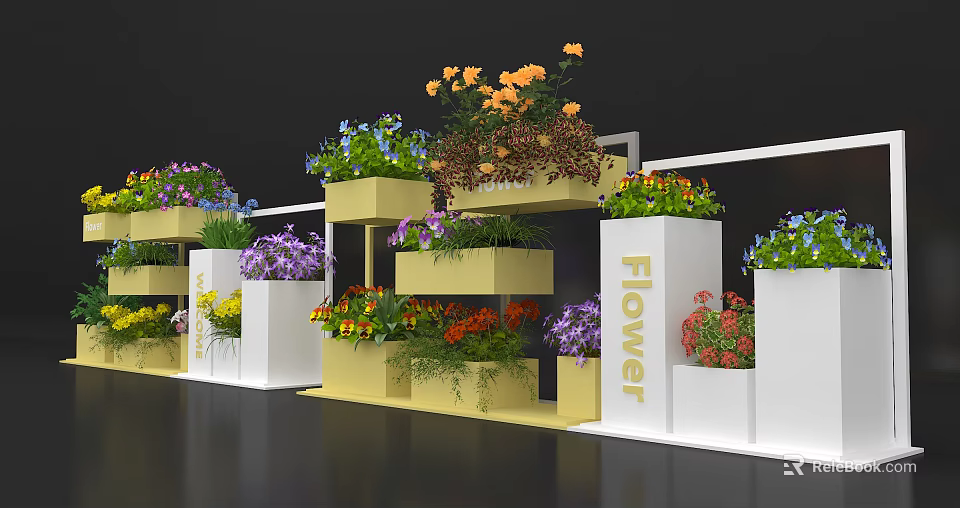 Modern Flower Display With Colorful Blooms In Tiered Boxes And Shelves 3d model 