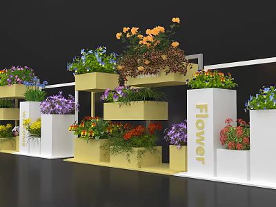 Modern Flower Display With Colorful Blooms In Tiered Boxes And Shelves 3d model