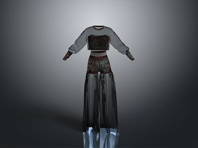 Elegant Women's Clothing Set With Long Sleeves Mesh Skirt And Decorative Patterns 3d model