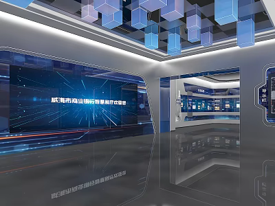 Modern High Tech Exhibition Hall With Digital Screens Display Cabinets And Futuristic Design 3d model