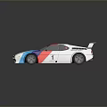 BMW Race Car With White Body Blue Red Purple Stripes Number 1 And Rear Spoiler