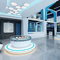 Modern Tech Inspired Exhibition Hall With Blue Accents Circular Display Platforms And Digital Screens