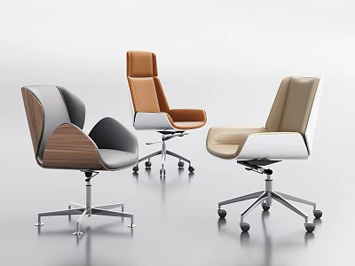 Stylish Modern Office Chairs Featuring Three Different Designs Wooden Armrests And Rolling Wheels 3d model