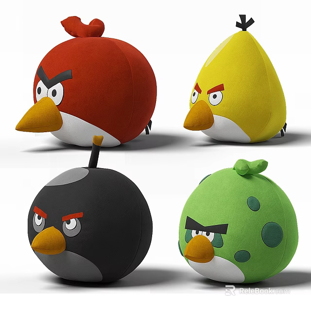 Colorful Plush Angry Bird Toys With Red Yellow Black Green Round Shapes 3d model 