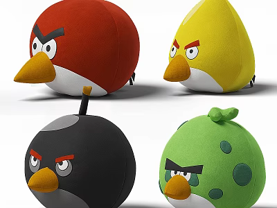Colorful Plush Angry Bird Toys With Red Yellow Black Green Round Shapes 3d model
