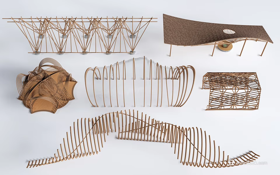 Wooden Structural Models Featuring Geometric Shapes Curved Designs and Frameworks 3d model