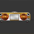 Vintage Style Electronic Radio With Orange Yellow Exterior Two Circular Speakers And Central Display Screen