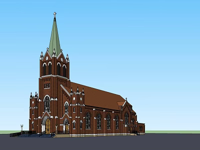 Historic Church Building With Green Spire Red Brick Exterior And Ornate Details 3d model