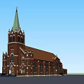 Historic Church Building With Green Spire Red Brick Exterior And Ornate Details