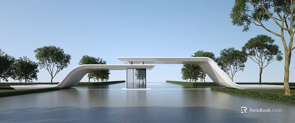 Modern Curved Entrance Gate With White Structure Glass Door and Trees by Water Surface 3d model 