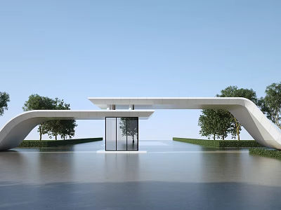 Modern Curved Entrance Gate With White Structure Glass Door and Trees by Water Surface 3d model