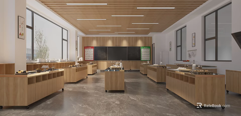 School Modern Open Kitchen Interior With Wooden Cabinets And Appliances 3d model 