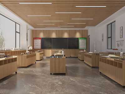 School Modern Open Kitchen Interior With Wooden Cabinets And Appliances 3d model
