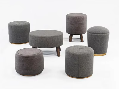 Stylish Gray Ottomans with Various Designs Round Shapes Wooden Legs and Compact Sizes 3d model