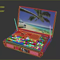 Red Portable Electronic Device With Screen Showing Beach Scene Palm Tree Car And Keyboard