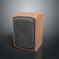 Compact Desktop Computer Speaker with Wooden Enclosure and Black Mesh Front Panel 3d model