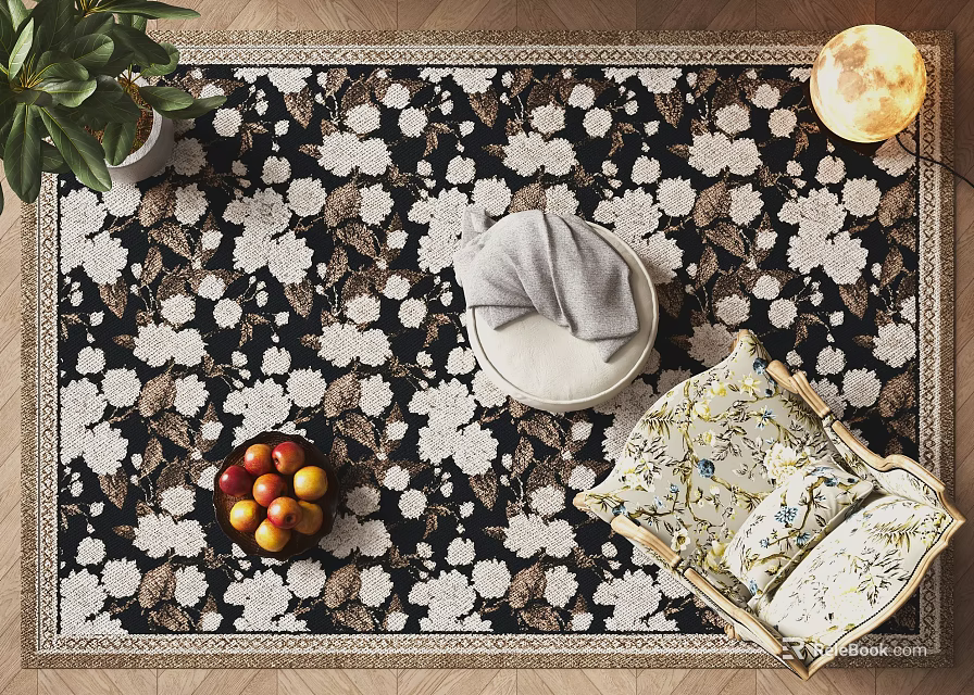 Square Area Rug with White Floral Design on Dark Background and Fruit Bowl Round Stool 3d model 